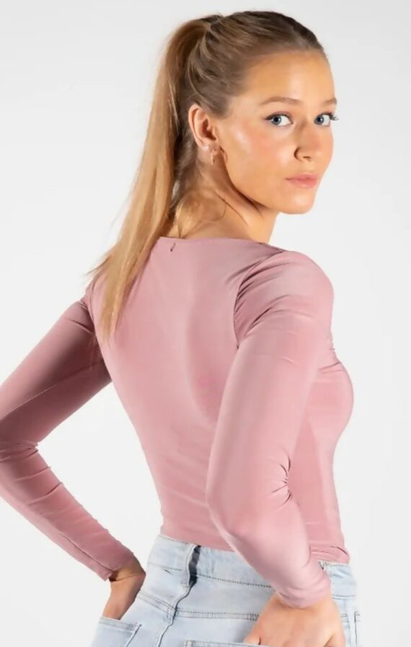 Femme Luxe Dusty Pink Slinky Long Sleeve Square Neck Top - Thalina