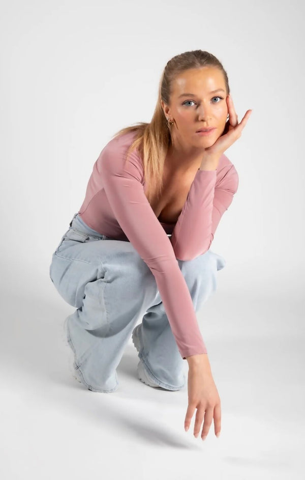 Femme Luxe Dusty Pink Slinky Long Sleeve Square Neck Top - Thalina