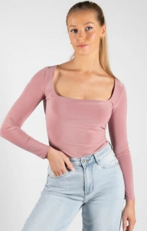 femme luxe Dusty Pink Slinky Long Sleeve Square Neck Top - Thalina