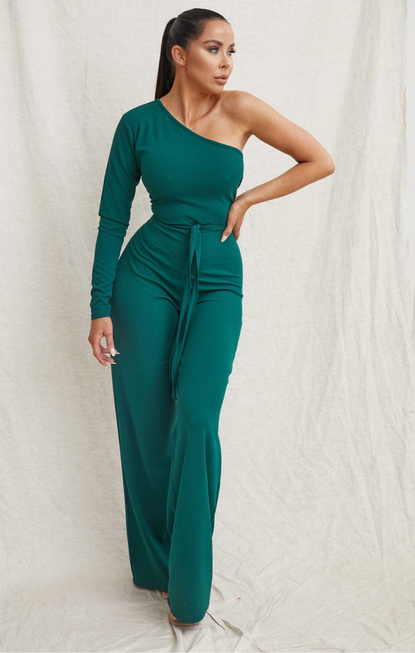 Femme Luxe Emerald Belted One Shoulder Jumpsuit - Evelyn
