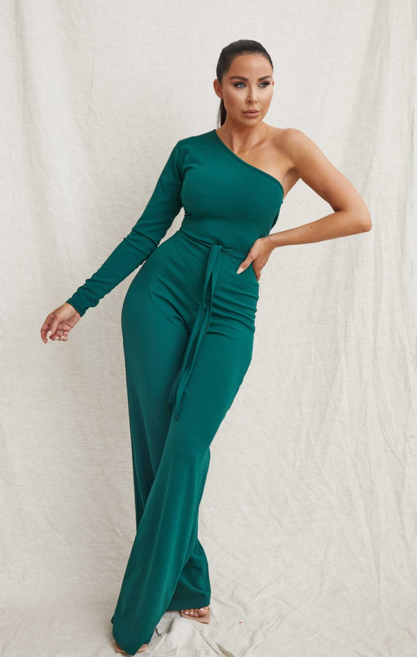 Femme Luxe Emerald Belted One Shoulder Jumpsuit - Evelyn