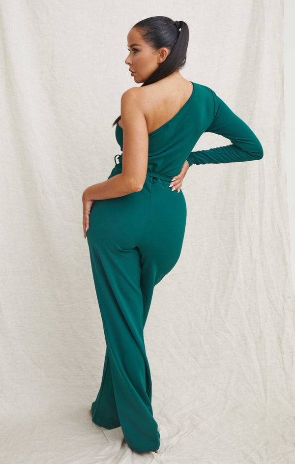 Femme Luxe Emerald Belted One Shoulder Jumpsuit - Evelyn