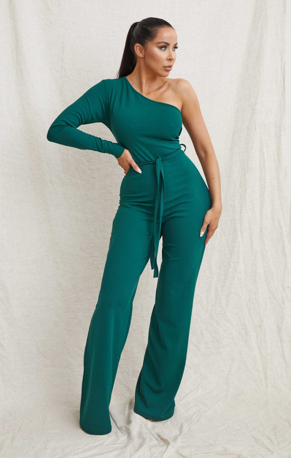 femme luxe Emerald Belted One Shoulder Jumpsuit - Evelyn