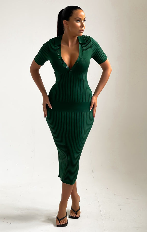 Femme Luxe Emerald Buttoned Up Short Sleeve Open Back Maxi Dress - Micaela