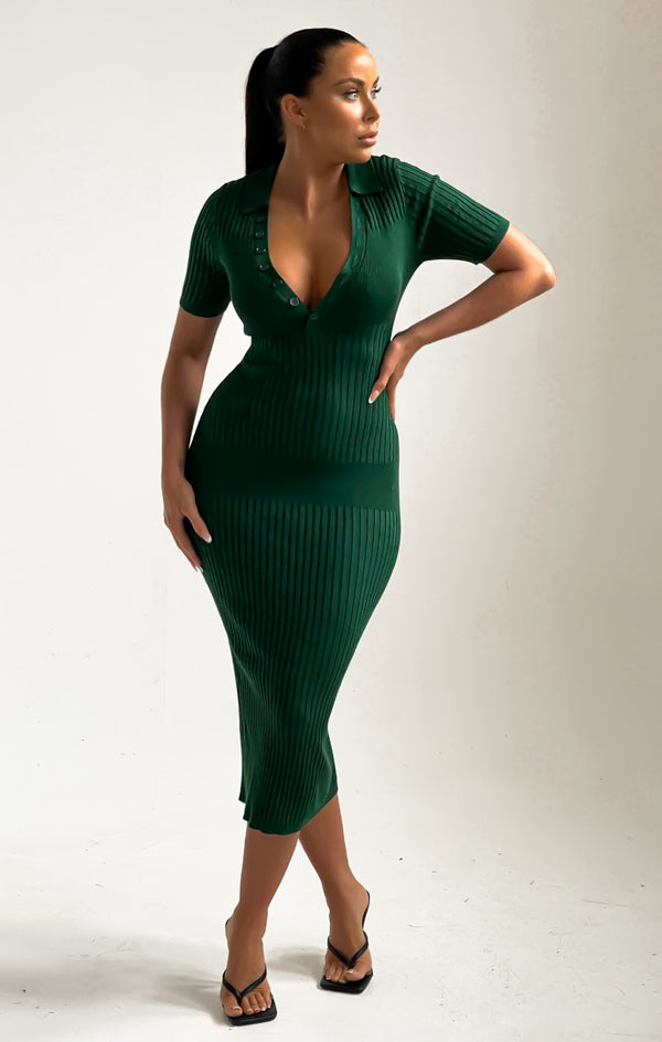 Femme Luxe Emerald Buttoned Up Short Sleeve Open Back Maxi Dress - Micaela