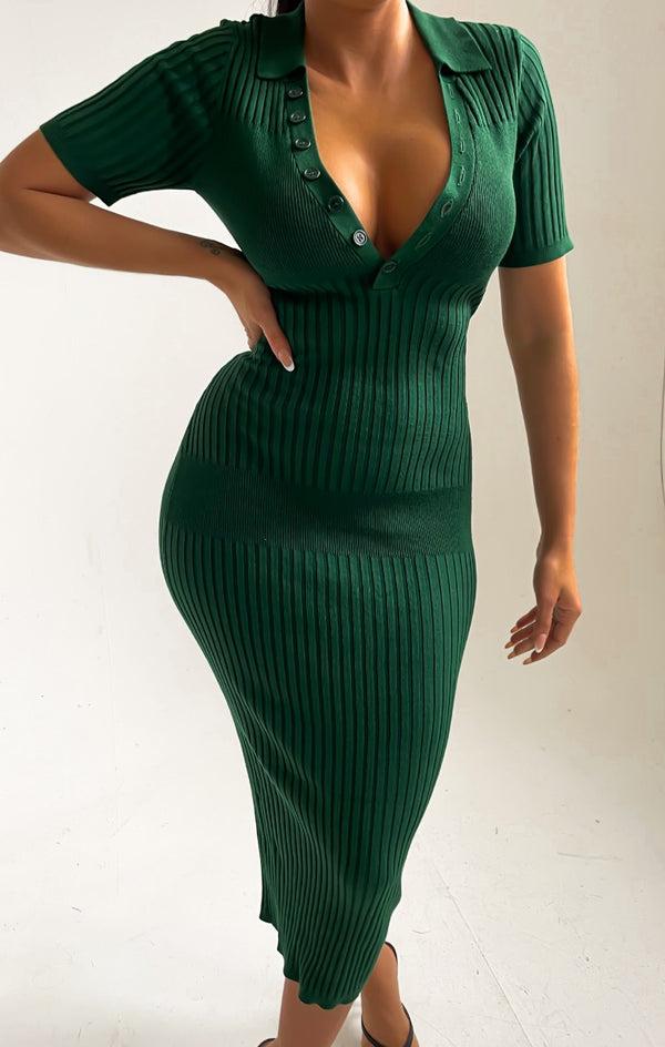 femme luxe Emerald Buttoned Up Short Sleeve Open Back Maxi Dress - Micaela