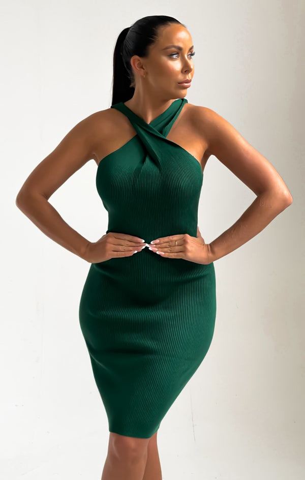 femme luxe Emerald Knitted Cross Over Bodycon Midi Dress-Shiva
