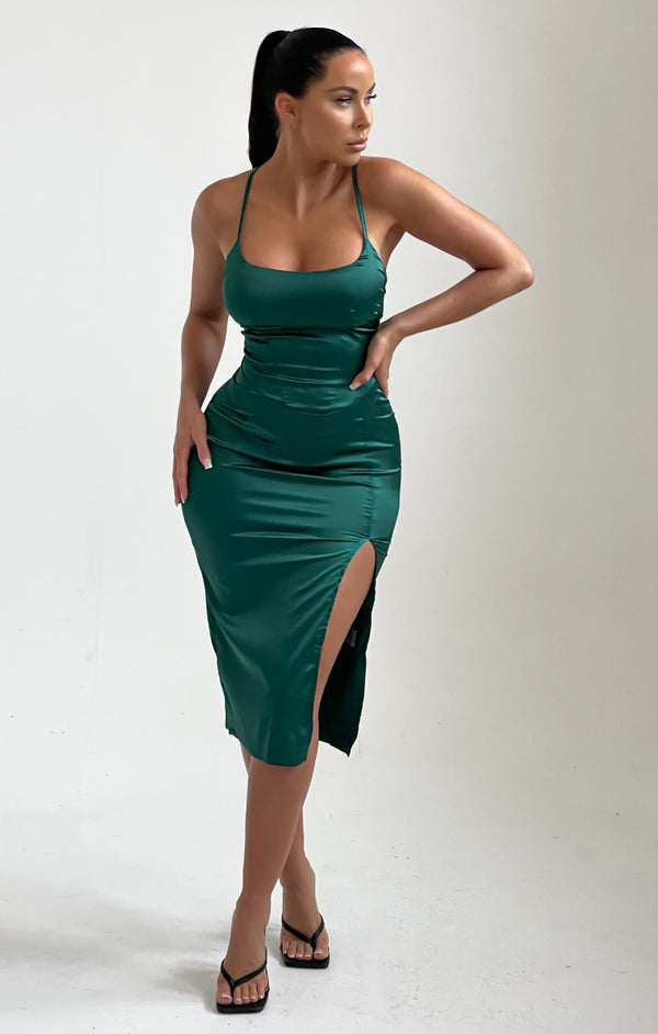 femme luxe Emerald Satin Side Split Midi Dress - Daphne