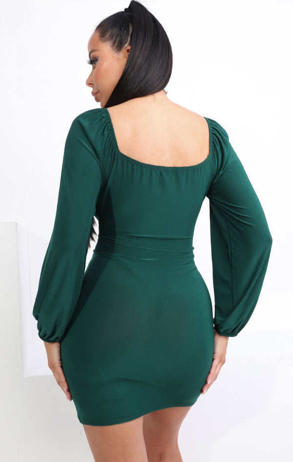 Femme Luxe Emerald Slinky Balloon Sleeve Bardot Mini Dress - Meghan