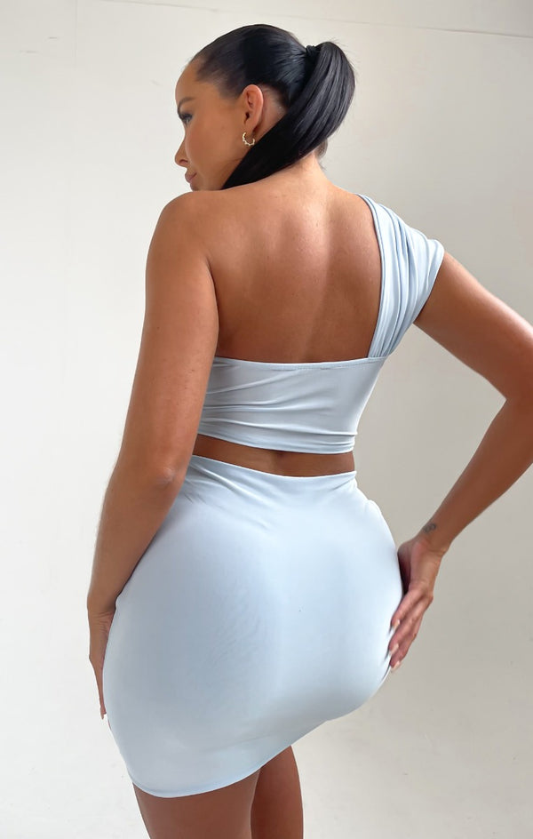 Femme Luxe Baby Blue Ruched Knot Skirt - Carter