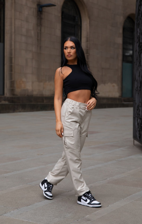 Femme Luxe Beige Cuffed Cargo Trousers - Nora