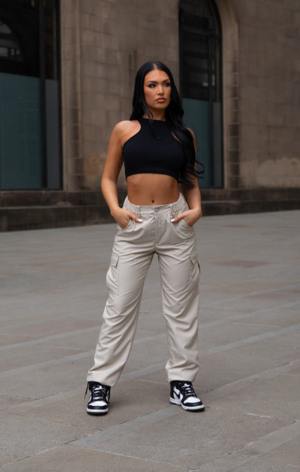 femme luxe Beige Cuffed Cargo Trousers - Nora