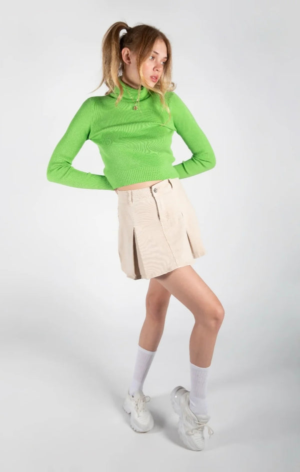 Femme Luxe Beige Denim Pleated Mini Skirt - Cassara