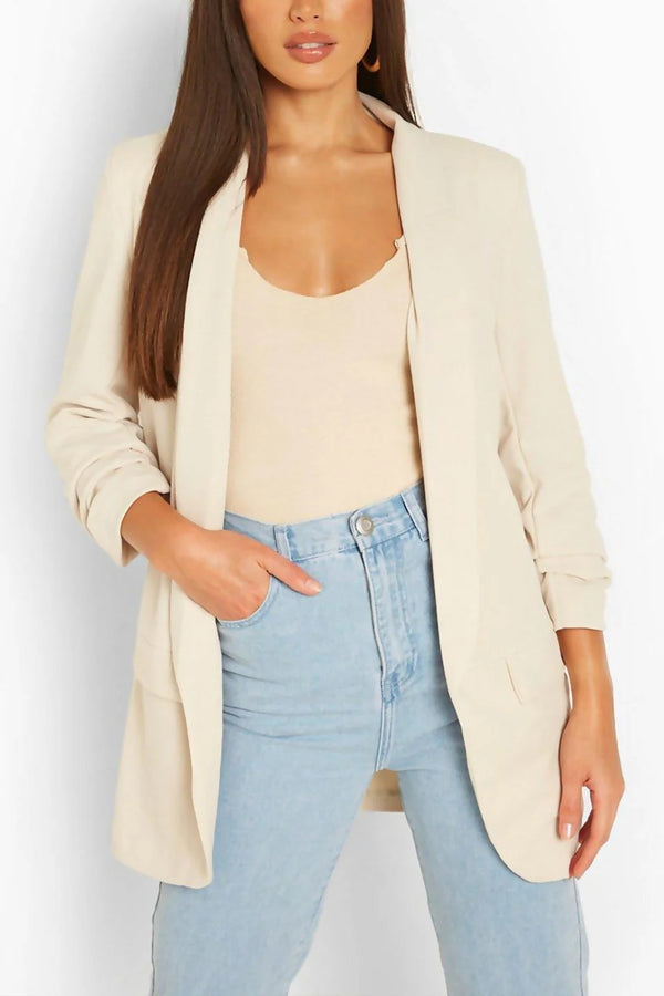 Femme Luxe Beige Long Sleeve Pocket Blazer - Tenely