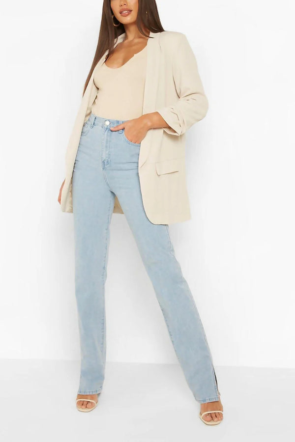 Femme Luxe Beige Long Sleeve Pocket Blazer - Tenely