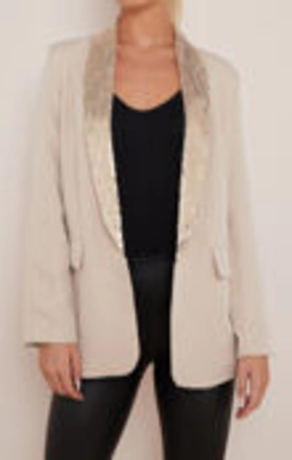Femme Luxe Beige Sequin Lapel Blazer - Ever