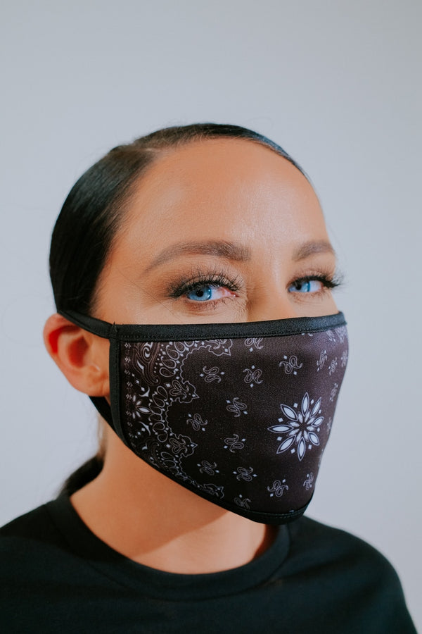 Femme Luxe Black Bandana Print Washable Face Mask