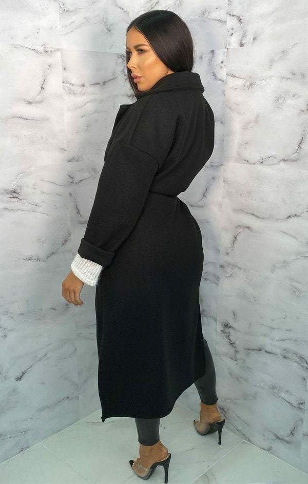 Femme Luxe Black Belted Long Line Coat - Marie