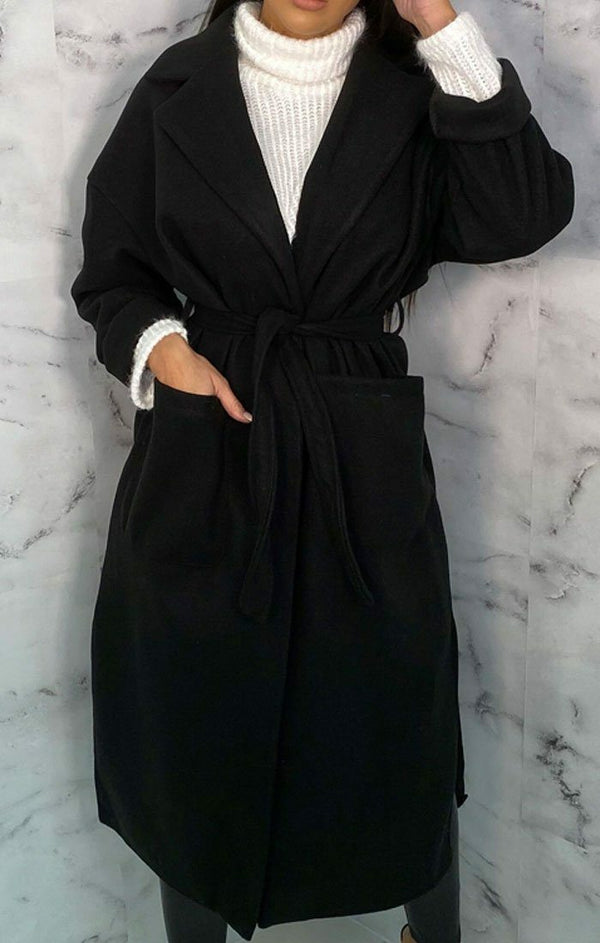 Femme Luxe Black Belted Long Line Coat - Marie