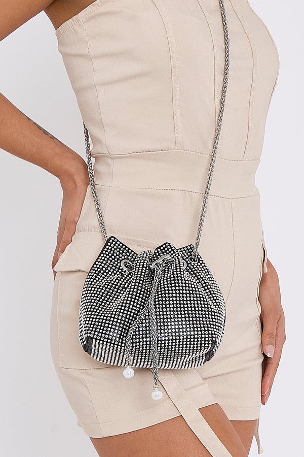 Femme Luxe Black Crystal Mini Sack Bag - Khloe