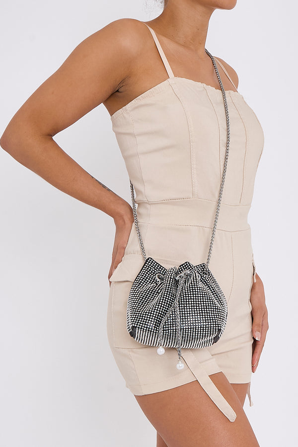 Femme Luxe Black Crystal Mini Sack Bag - Khloe