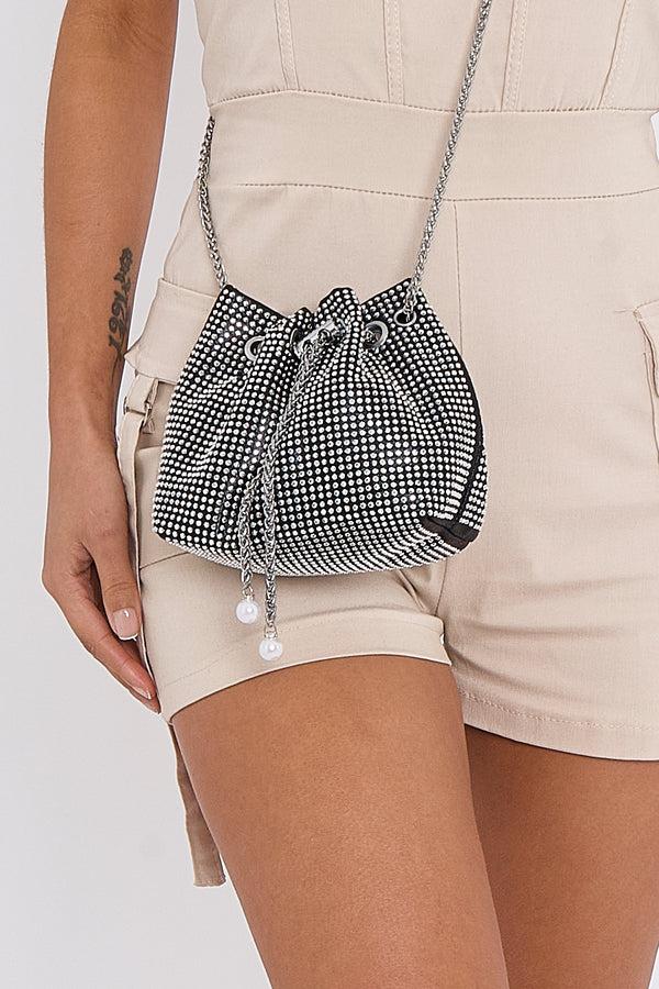 femme luxe Black Crystal Mini Sack Bag - Khloe