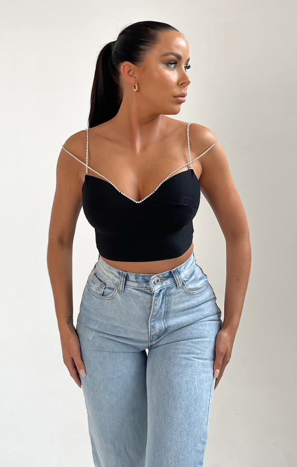 Femme Luxe Black Diamante Straps Crop Top - Ashlynn