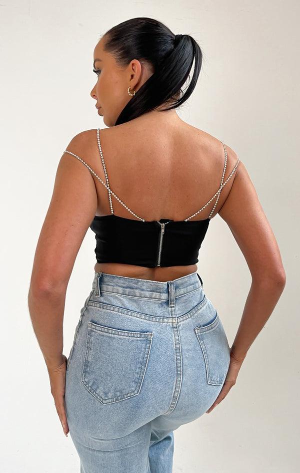 Femme Luxe Black Diamante Straps Crop Top - Ashlynn