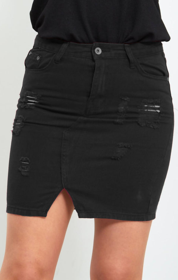 Femme Luxe Black Distressed Denim Skirt - Donelia