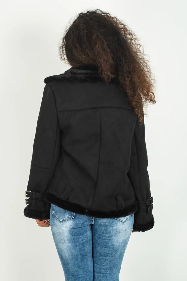 Femme Luxe Black Faux Suede Aviator Jacket - Skylar