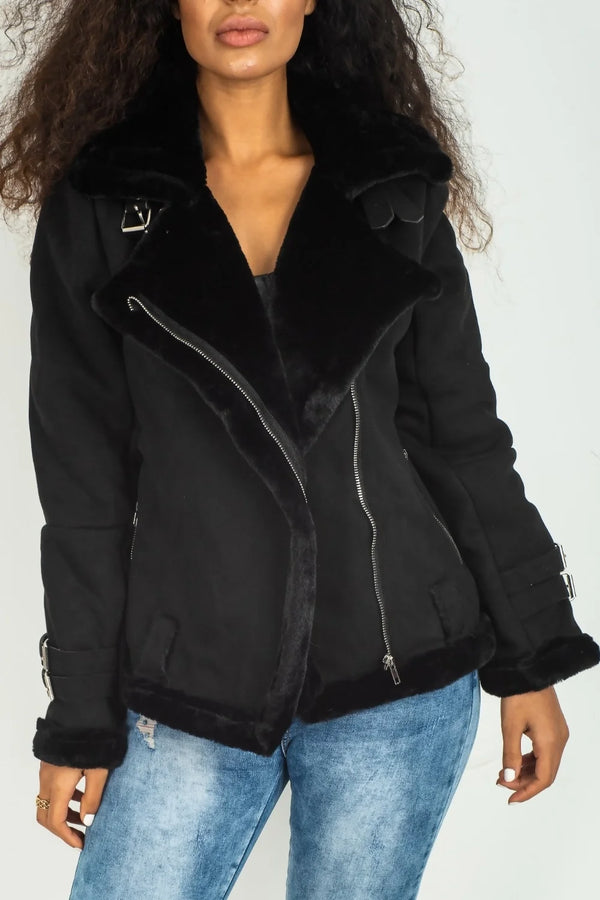 Femme Luxe Black Faux Suede Aviator Jacket - Skylar