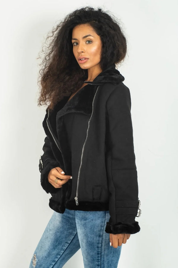 femme luxe Black Faux Suede Aviator Jacket - Skylar