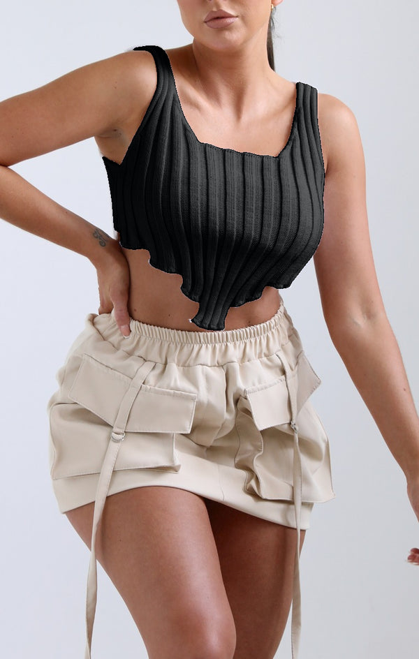 Femme Luxe Black Knitted V Hem Crop Top - Mimi