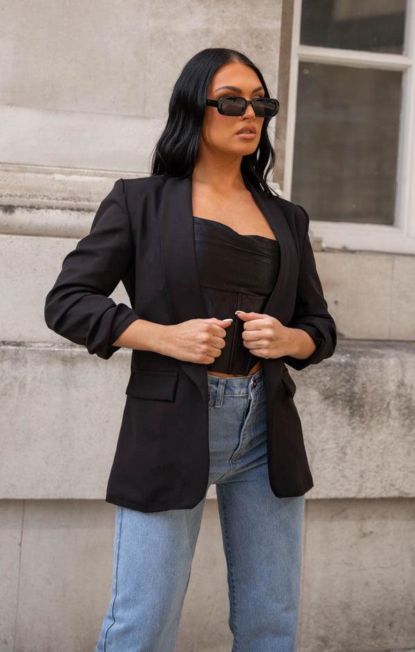 femme luxe Black Long Sleeve Pocket Blazer - Tenely