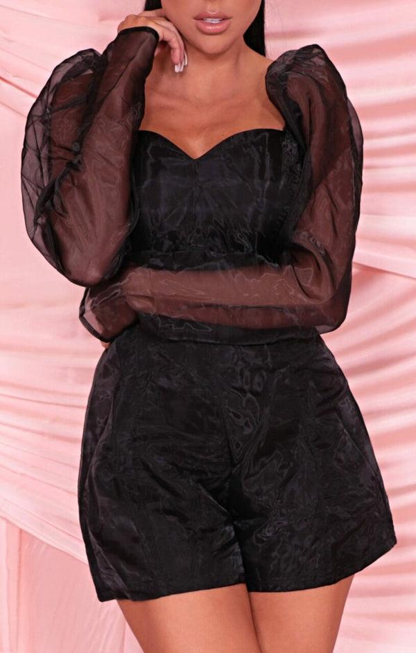 Femme Luxe Black Mesh Sleeve Playsuit - Skylar