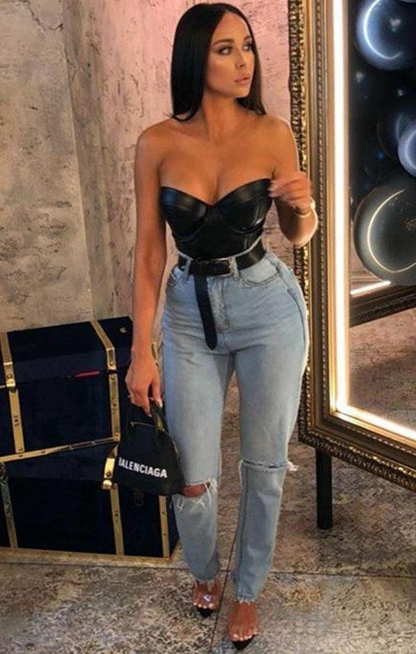 femme luxe Black PU Corset Top - Amy