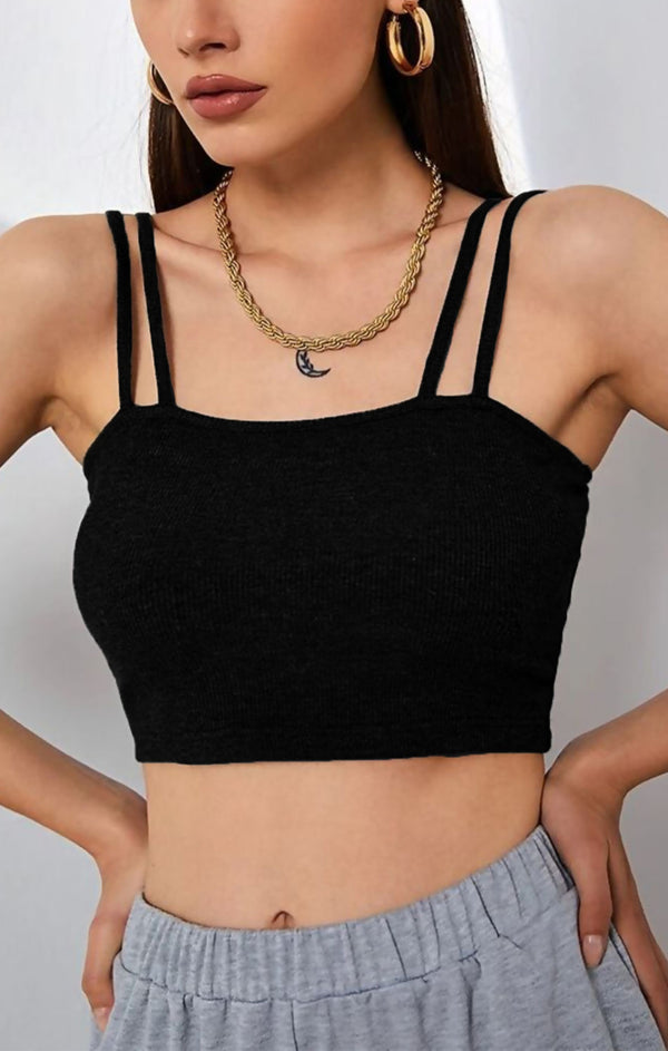 Femme Luxe Black Rib Double Strap Crop Top - Emarise
