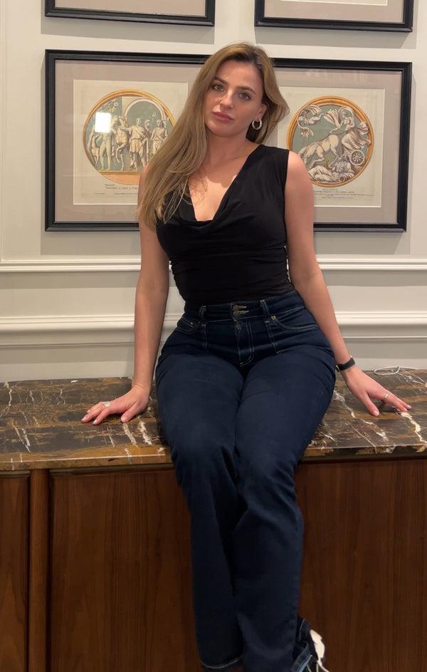 Femme Luxe Black Ruched Cowl Neck Slinky Top - Zaira