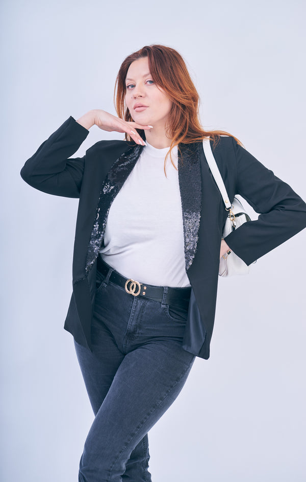 Femme Luxe Black Sequin Lapel Blazer - Ever