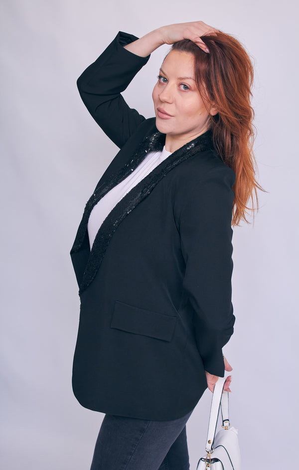 Femme Luxe Black Sequin Lapel Blazer - Ever