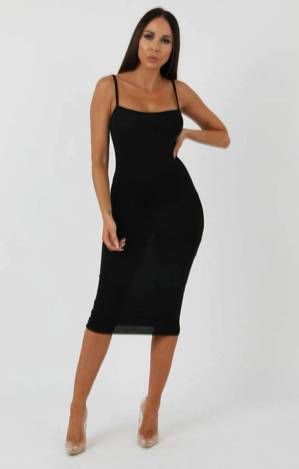 Femme Luxe Black Strappy Bodycon Midi Dress - Poppy