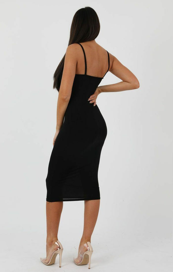 Femme Luxe Black Strappy Bodycon Midi Dress - Poppy