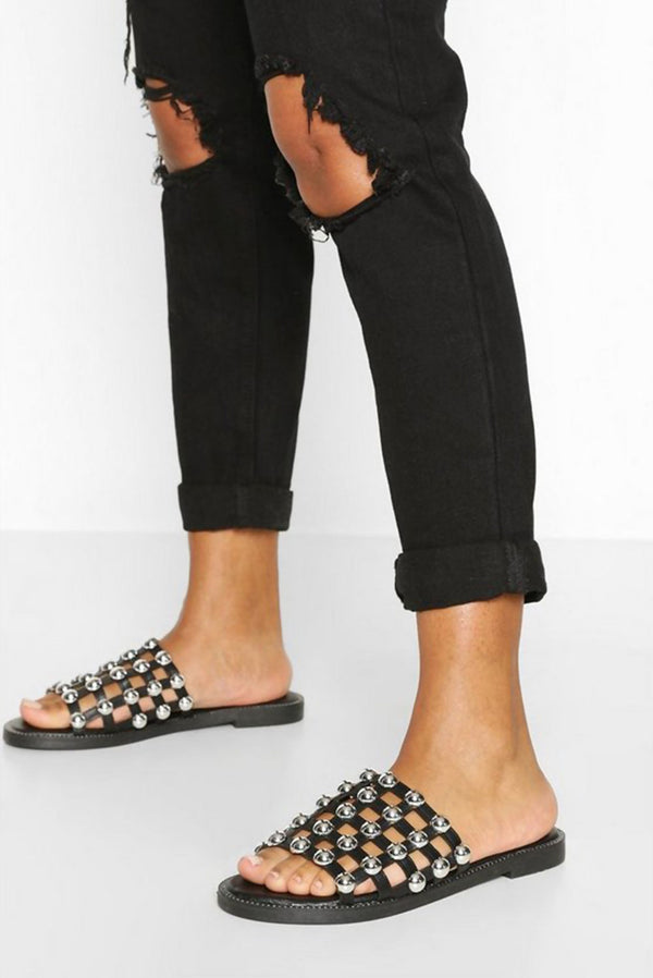 Femme Luxe Black Studded Caged Sliders - Sinead