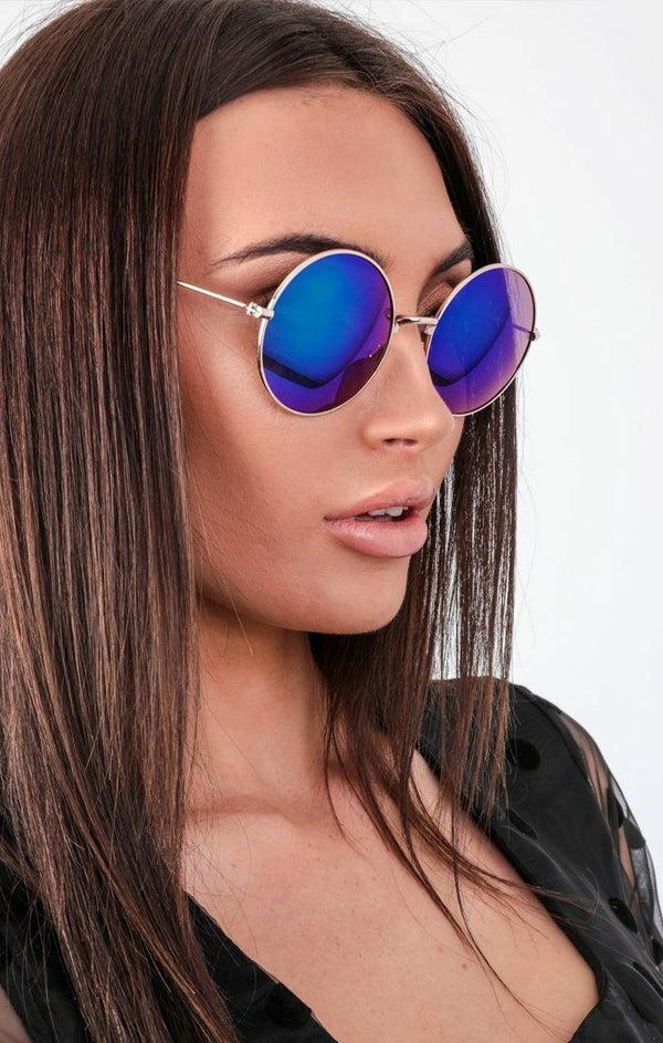 Femme Luxe Blue Mirrored Round Sunglasses - Alivia