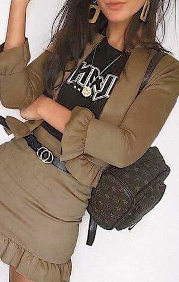 Femme Luxe Camel Suede Frill Blazer