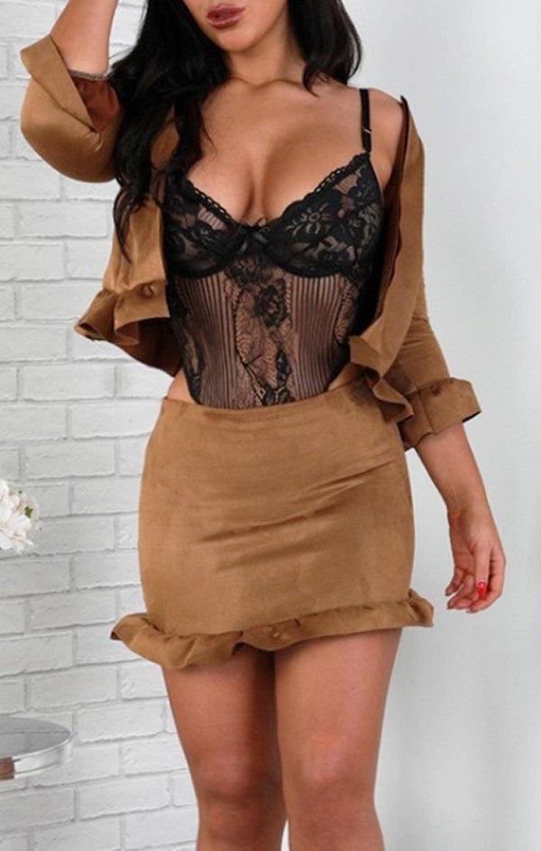 femme luxe Camel Suede Frill Blazer