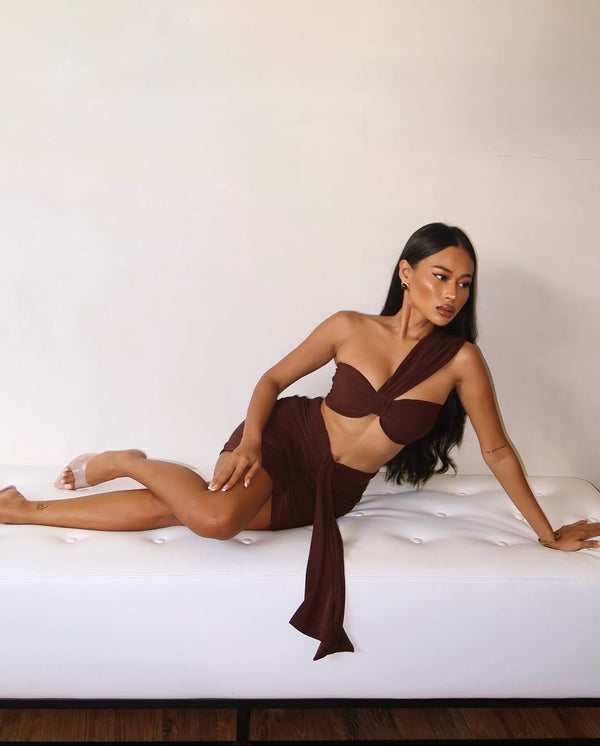 Femme Luxe Chocolate Ruched Knot Skirt - Carter