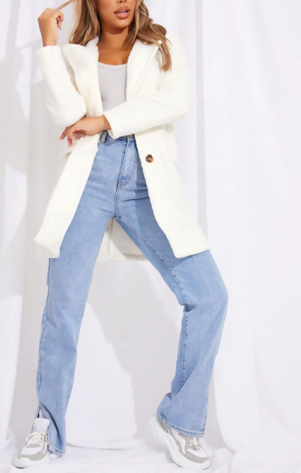 femme luxe Cream Borg Teddy Button Coat - Fiorenza