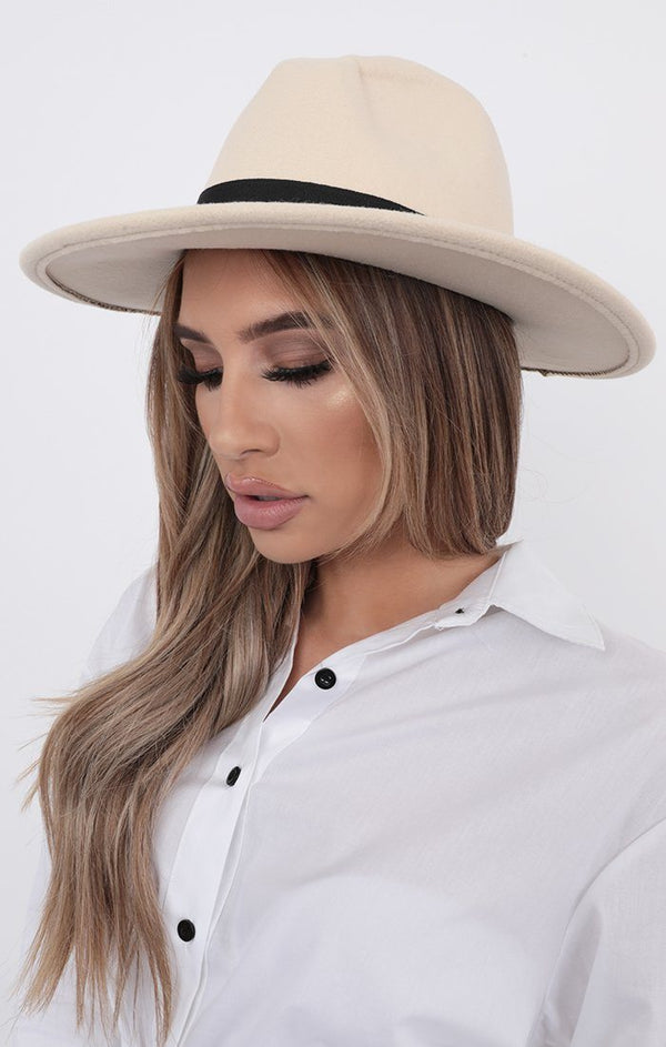 femme luxe Cream Fedora Felt Ribbon Hat - Mazie