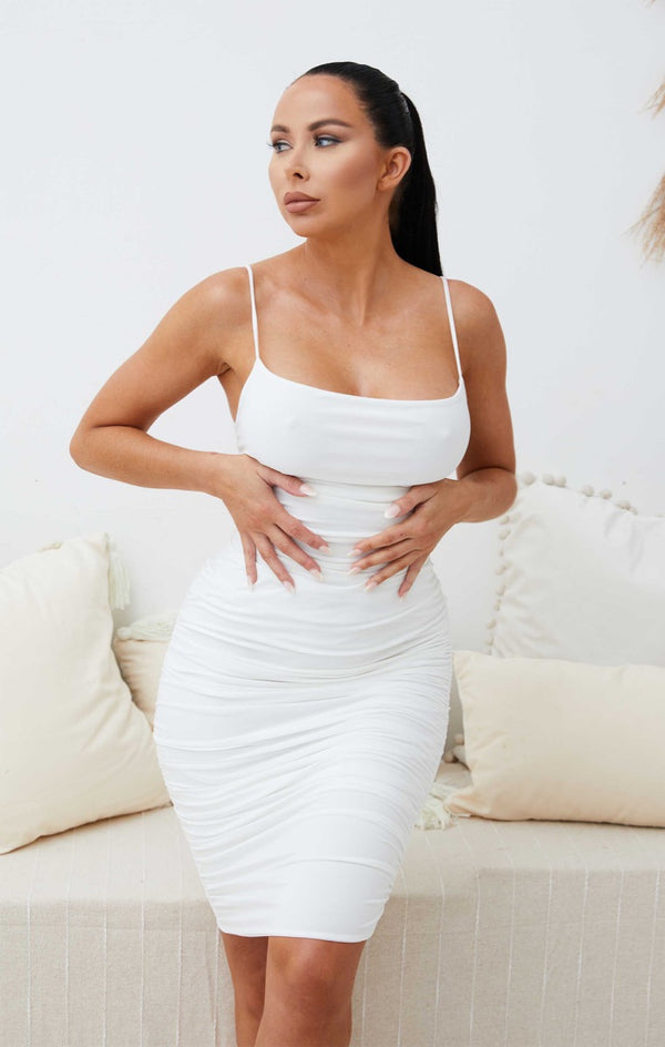 Femme Luxe Cream Ruched Midi Bodycon Dress - Taylor